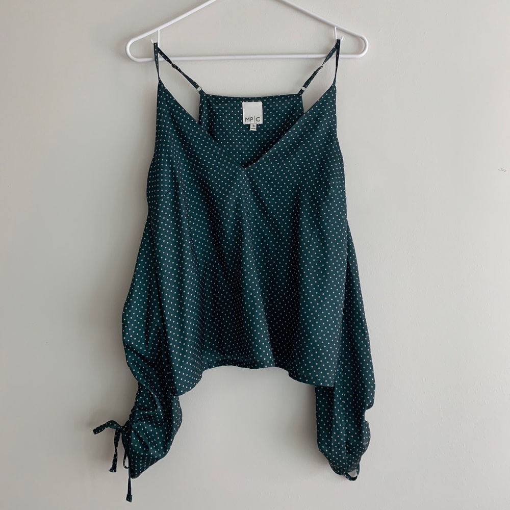 green polka dot cold shoulder blouse